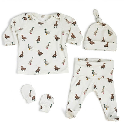 Organic Baby Outfit Set | Handmade Newborn Clothes | Duck in Boots Print | Pants, Shirt, Hat & Mittens