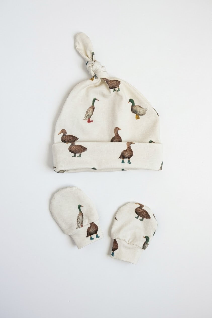 Organic Baby Outfit Set | Handmade Newborn Clothes | Duck in Boots Print | Pants, Shirt, Hat & Mittens
