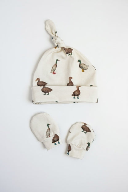 Organic Baby Outfit Set | Handmade Newborn Clothes | Duck in Boots Print | Pants, Shirt, Hat & Mittens