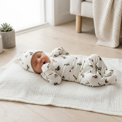 Organic Baby Outfit Set | Handmade Newborn Clothes | Duck in Boots Print | Pants, Shirt, Hat & Mittens