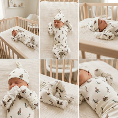 Organic Baby Outfit Set | Handmade Newborn Clothes | Duck in Boots Print | Pants, Shirt, Hat & Mittens