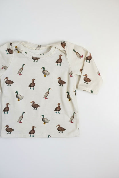 Organic Baby Outfit Set | Handmade Newborn Clothes | Duck in Boots Print | Pants, Shirt, Hat & Mittens