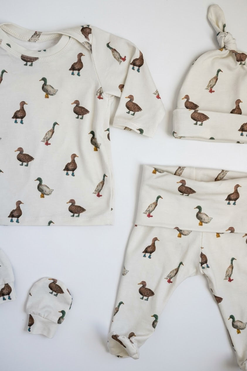 Organic Baby Outfit Set | Handmade Newborn Clothes | Duck in Boots Print | Pants, Shirt, Hat & Mittens