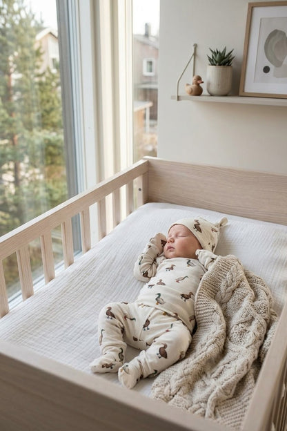 Organic Baby Outfit Set | Handmade Newborn Clothes | Duck in Boots Print | Pants, Shirt, Hat & Mittens