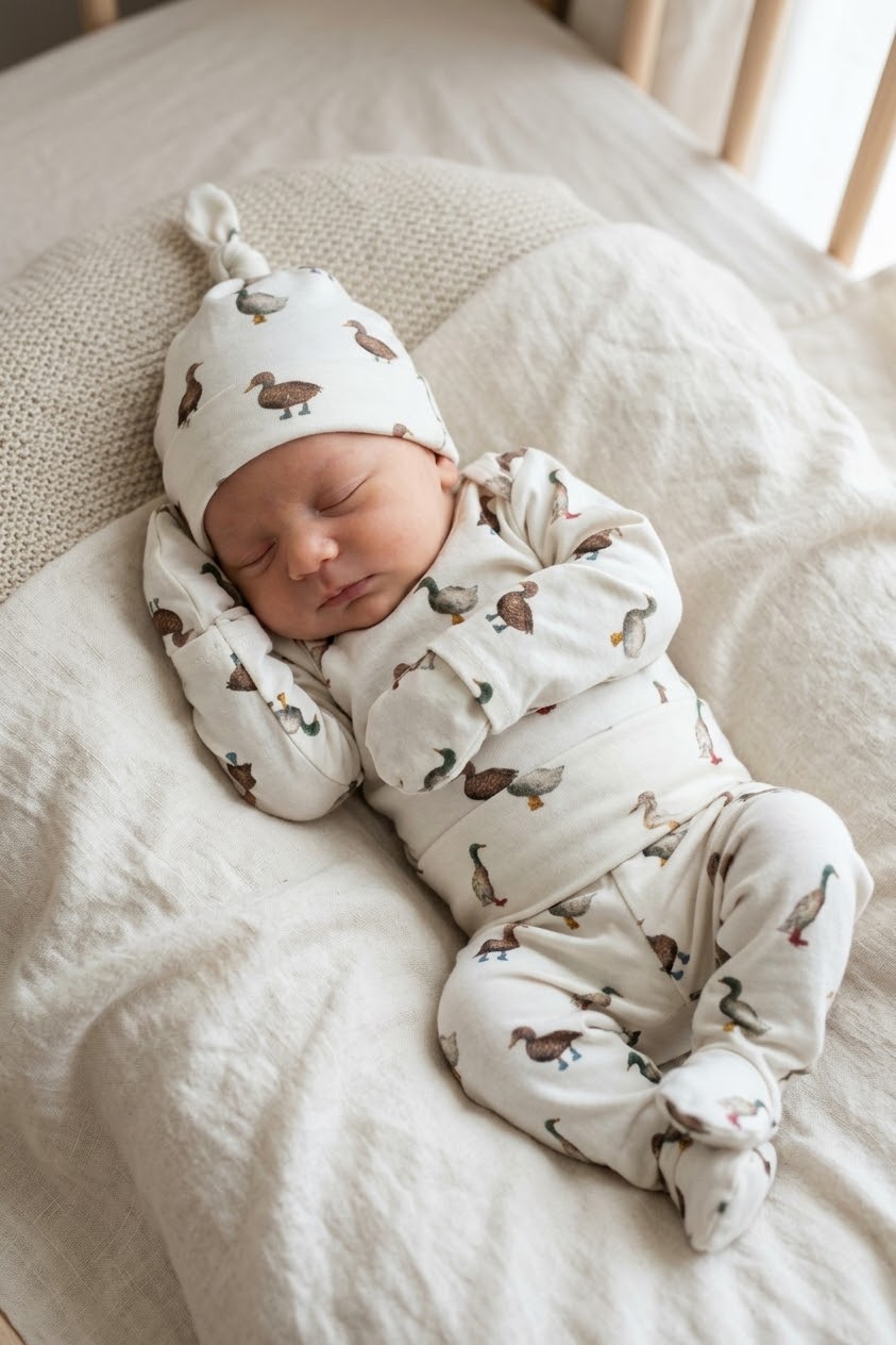 Organic Baby Outfit Set | Handmade Newborn Clothes | Duck in Boots Print | Pants, Shirt, Hat & Mittens