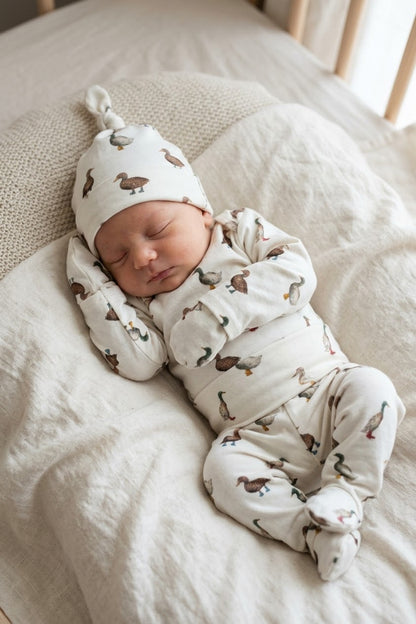 Organic Baby Outfit Set | Handmade Newborn Clothes | Duck in Boots Print | Pants, Shirt, Hat & Mittens