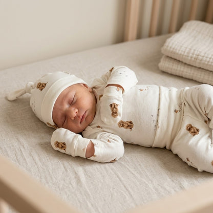 Organic Baby Outfit Set | Handmade Newborn Clothes | Labradoodle Dog Print | Pants, Shirt, Hat & Mittens
