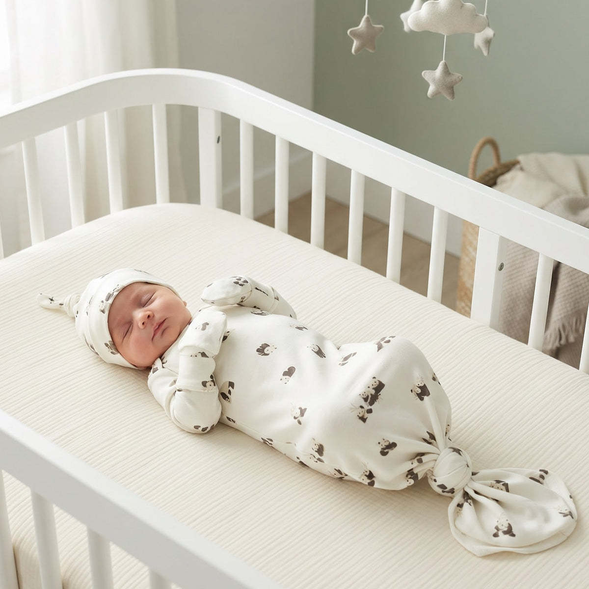 Organic Newborn Knotted Gown & Hat Set | Handmade in USA | OEKO-TEX Baby Clothing | Panda Bear Print