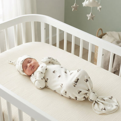 Organic Newborn Knotted Gown & Hat Set | Handmade in USA | OEKO-TEX Baby Clothing | Panda Bear Print