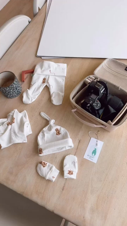 Organic Baby Outfit Set | Handmade Newborn Clothes | Labradoodle Dog Print | Pants, Shirt, Hat & Mittens