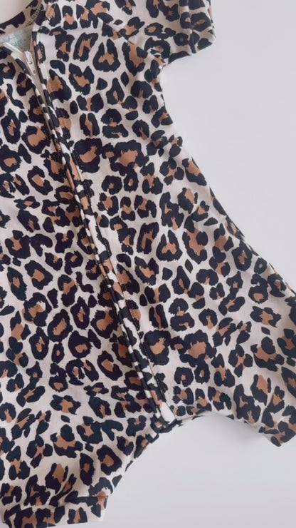 Leopard Print Baby Zip Romper Outfit Short Sleeve One Piece Romper
