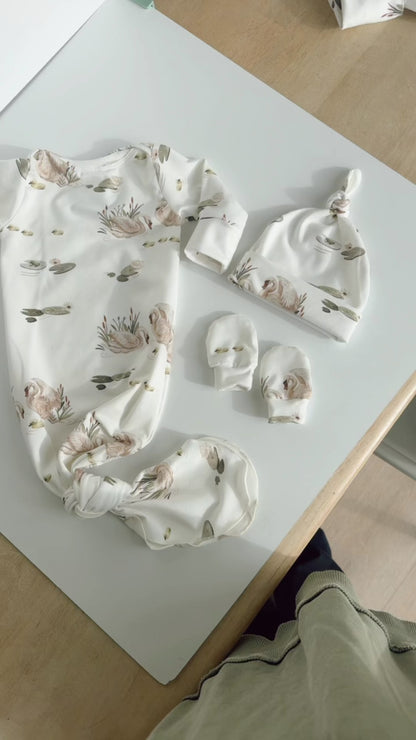 Organic Newborn Knotted Gown & Hat Set | Handmade in USA | OEKO-TEX Baby Clothing | Swan Print