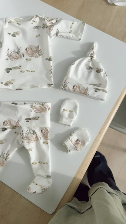 Swan Baby Outfit Set Pants Shirt Hat and Mittens