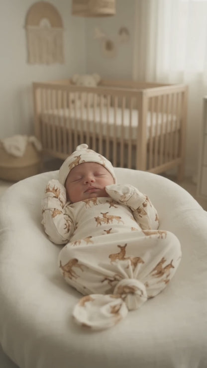 Organic Newborn Knotted Gown & Hat Set | Handmade in USA | OEKO-TEX Baby Clothing | Deer Print